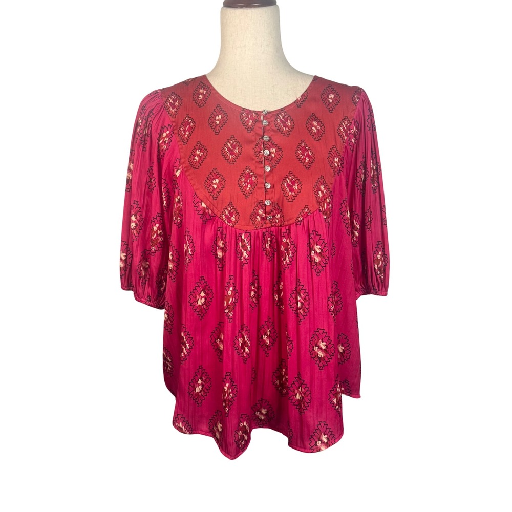 Anthropologie Blouse Womens XL Pink Red Rayon Boho Pleated Peasant Top Geometric